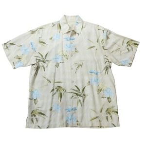 Tommy Bahama Mens Button Down Shirt Large Yellow Blue Floral Hawaiian Silk Camp